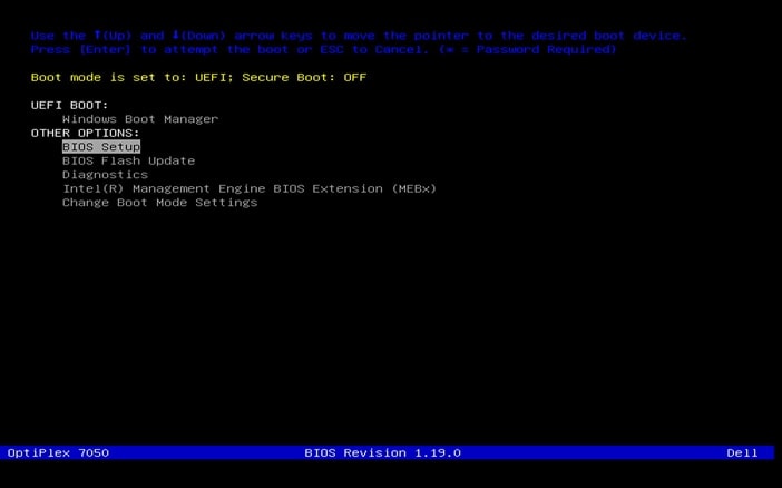BOIS Setup Settings window
