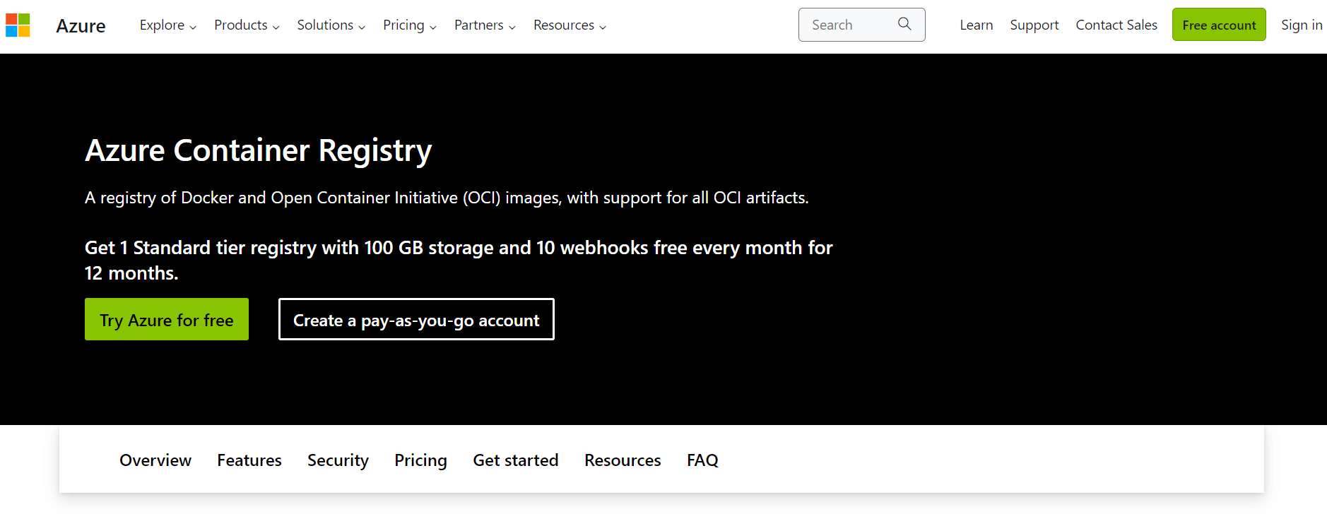 Microsoft Azure Container Registry homepage