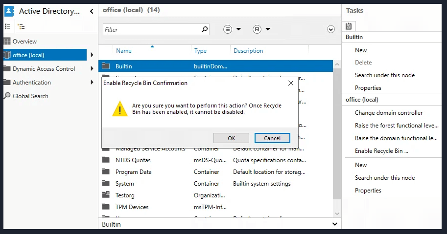 Enable the Recycle Bin in the Active Directory Administrative Center
