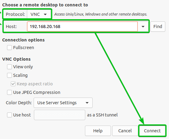 Image showing VNC and Internet Protocol address to establish connection.