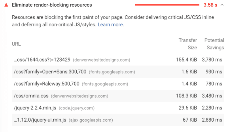 Page analysis - render blocking report