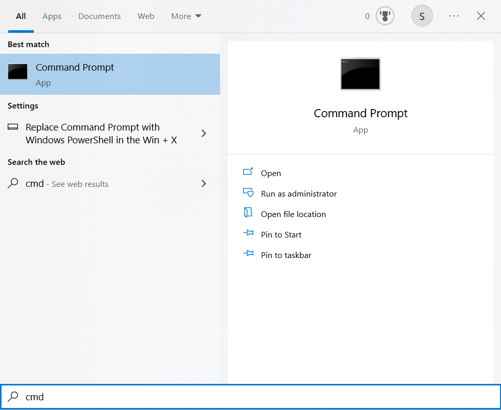 A screenshot from Windows PC displaying how to open the command window from the start menu.