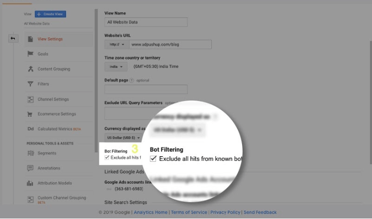 Bot filtering checkbox in Google Analytics