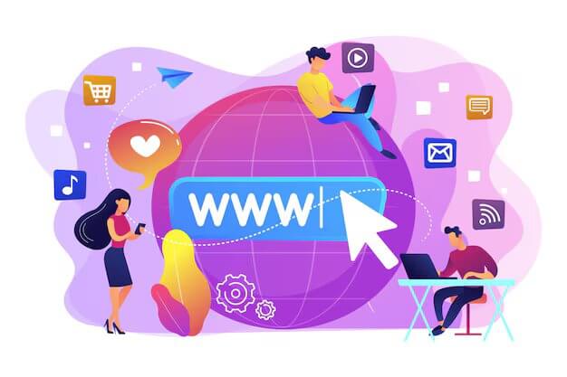 Tiny business people with digital devices at big globe surfing internet. Internet addiction, real-life substitution, living online disorder concept. Bright vibrant violet isolated illustration