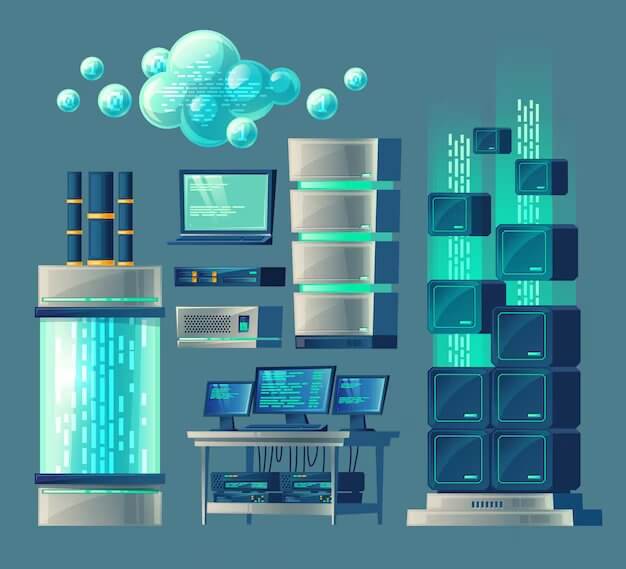 Cartoon set of equipment and devices for data processing and storage, database