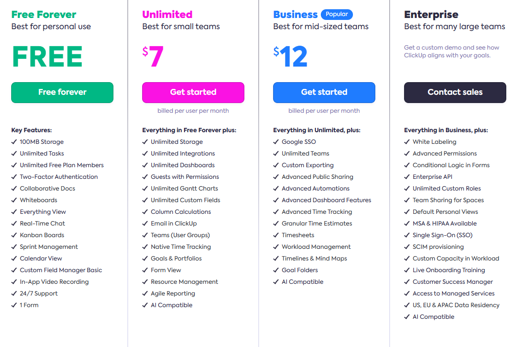 Clickup pricing plans, updated November 2024