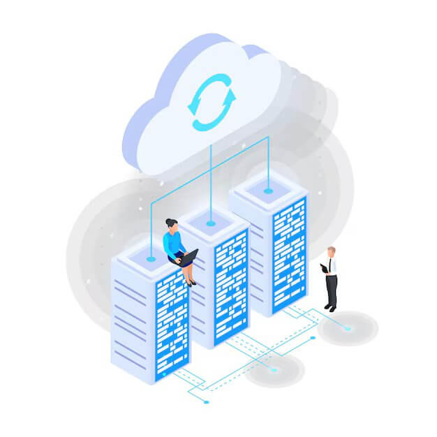 Cloud services isometric composition with cloud connection icons of server racks wired to cloud with sync sign vector illustration