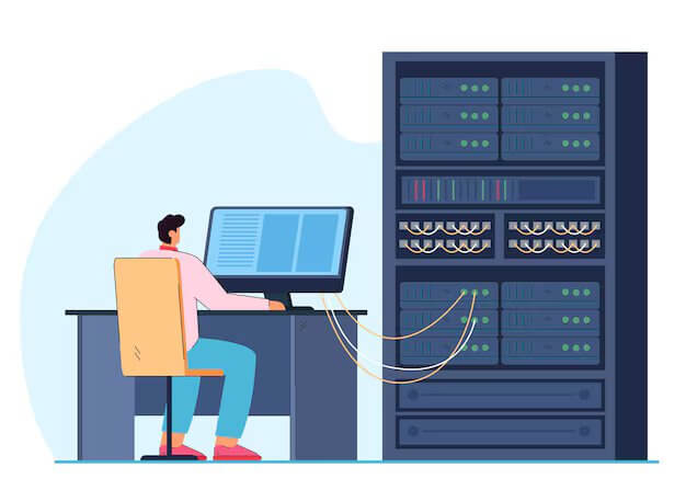Man engineer working on computer server rack switchboard. Guy switching panel cabinet with plugged Ethernet optical cables. Telecommunications, engineering concept. Flat illustration