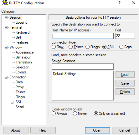 Image showing Windows SSH client PuTTY's configuration.