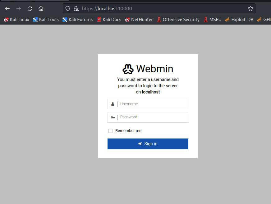 visiting the Webmin interface