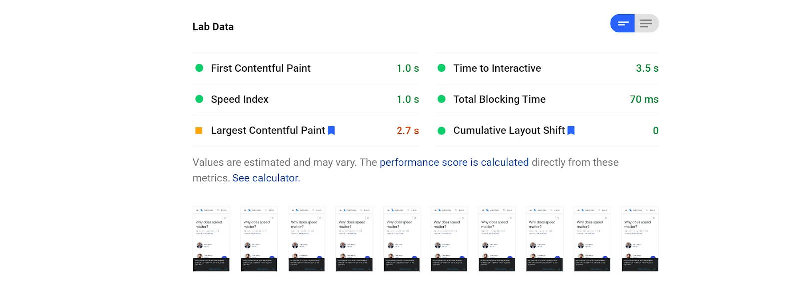 PageSpeed Insights lab data