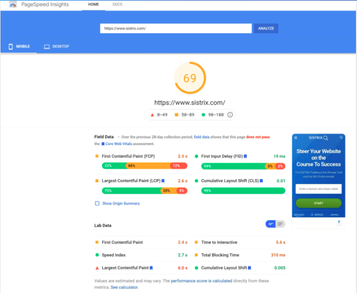 Google PageSpeed Insights data report