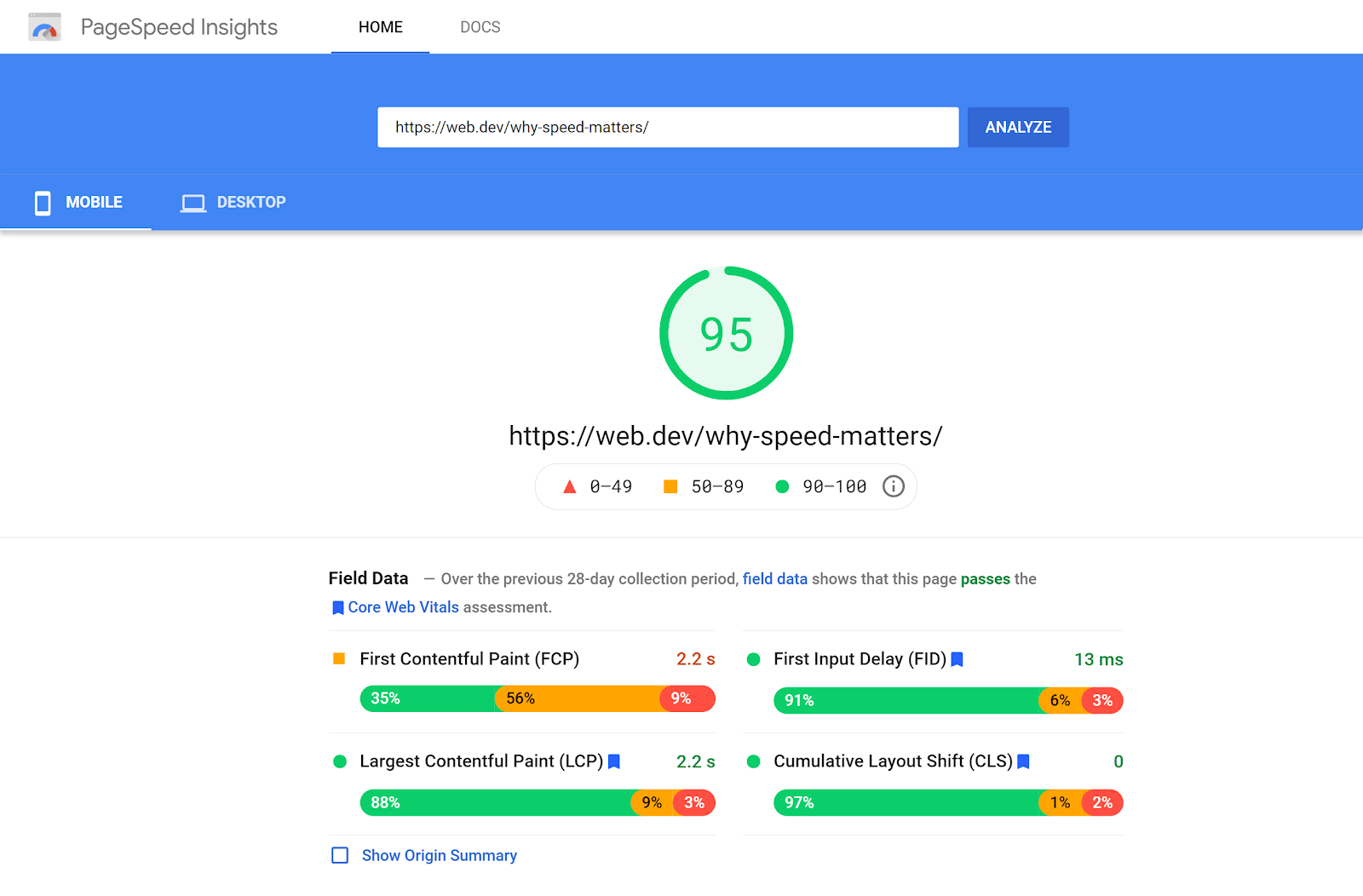Field data from Google PageSpeed Insights