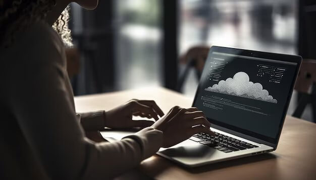 Young businesswoman typing on laptop using wireless connection generated by AI
